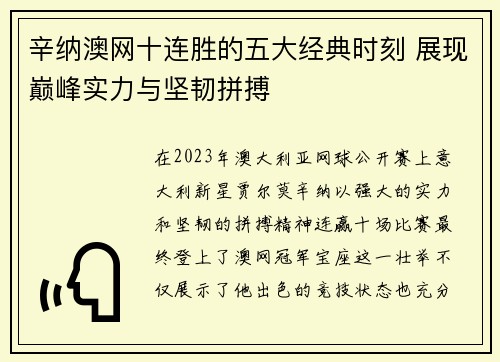 辛纳澳网十连胜的五大经典时刻 展现巅峰实力与坚韧拼搏