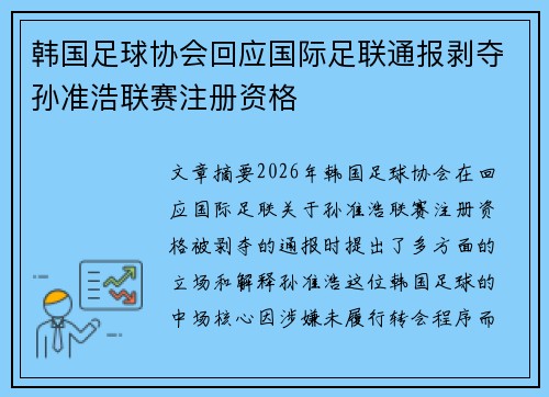 韩国足球协会回应国际足联通报剥夺孙准浩联赛注册资格